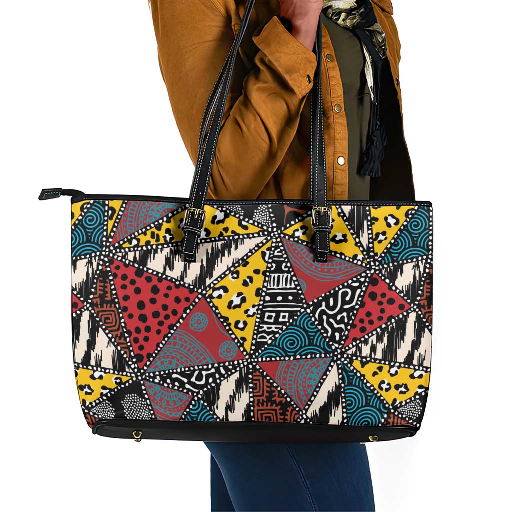 African Wild Animal Skins Leather Tote Bag Triangles Pattern Afro Pattern Style - African Pride