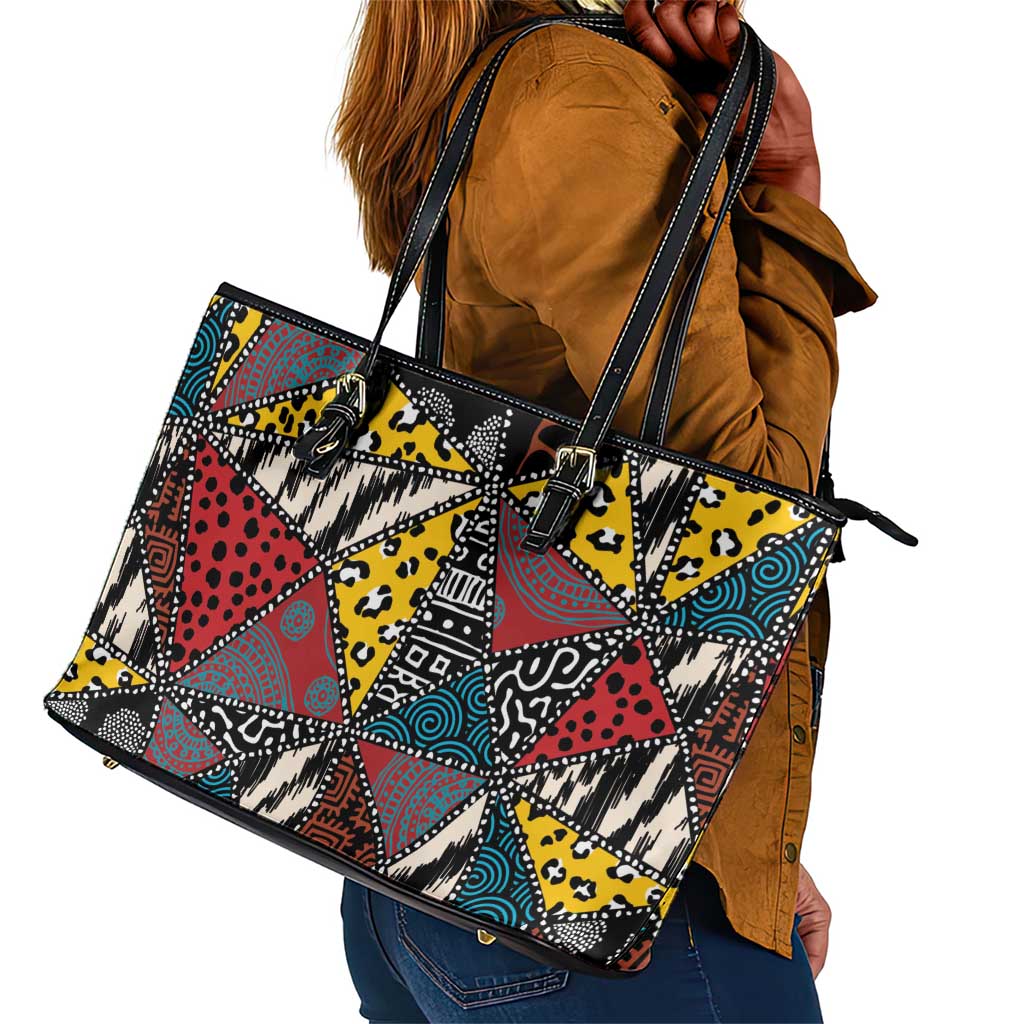 African Wild Animal Skins Leather Tote Bag Triangles Pattern Afro Pattern Style - African Pride