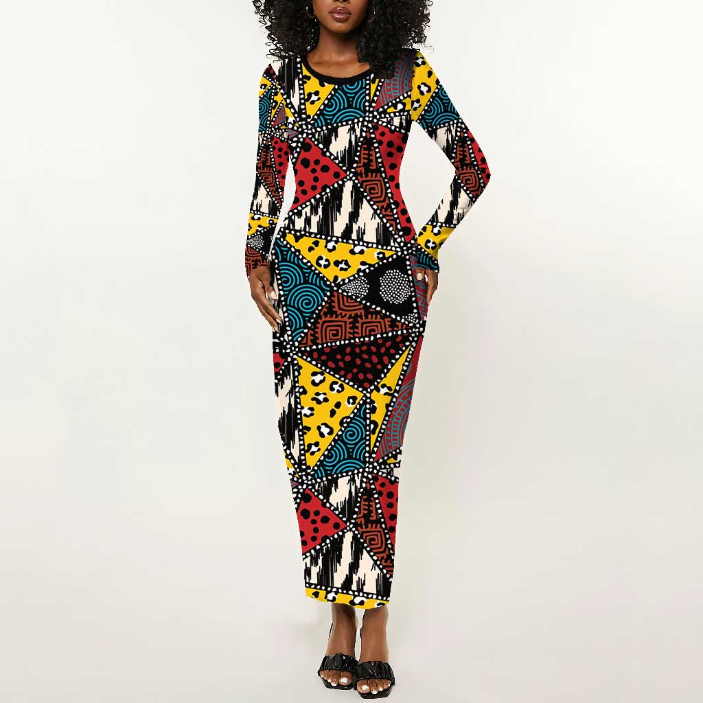 African Wild Animal Skins Long Sleeve Bodycon Dress Triangles Pattern Afro Pattern Style - African Pride
