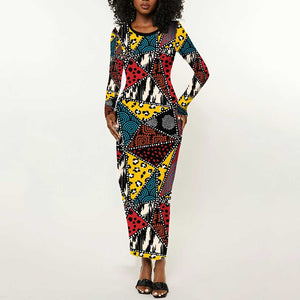 African Wild Animal Skins Long Sleeve Bodycon Dress Triangles Pattern Afro Pattern Style - African Pride
