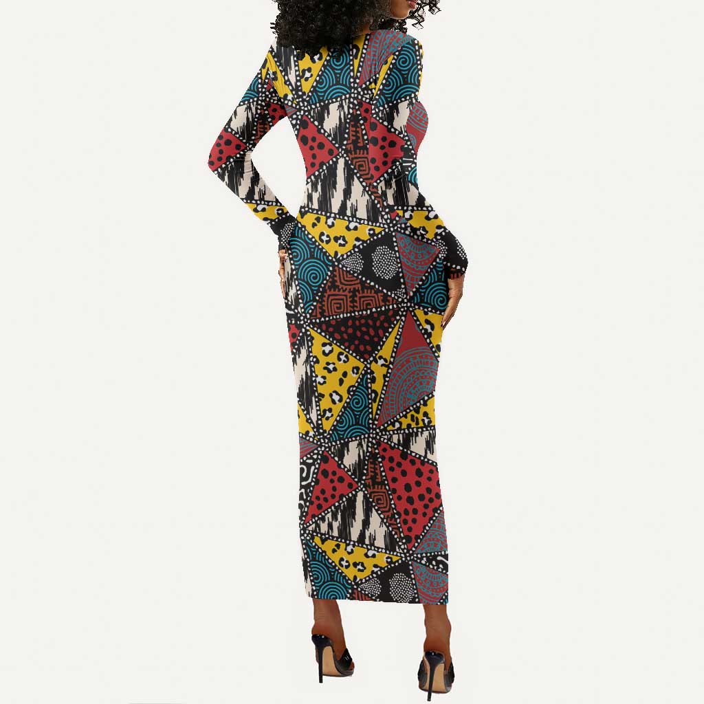 African Wild Animal Skins Long Sleeve Bodycon Dress Triangles Pattern Afro Pattern Style - African Pride