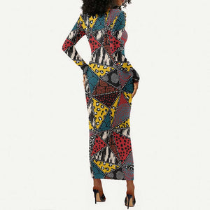 African Wild Animal Skins Long Sleeve Bodycon Dress Triangles Pattern Afro Pattern Style - African Pride