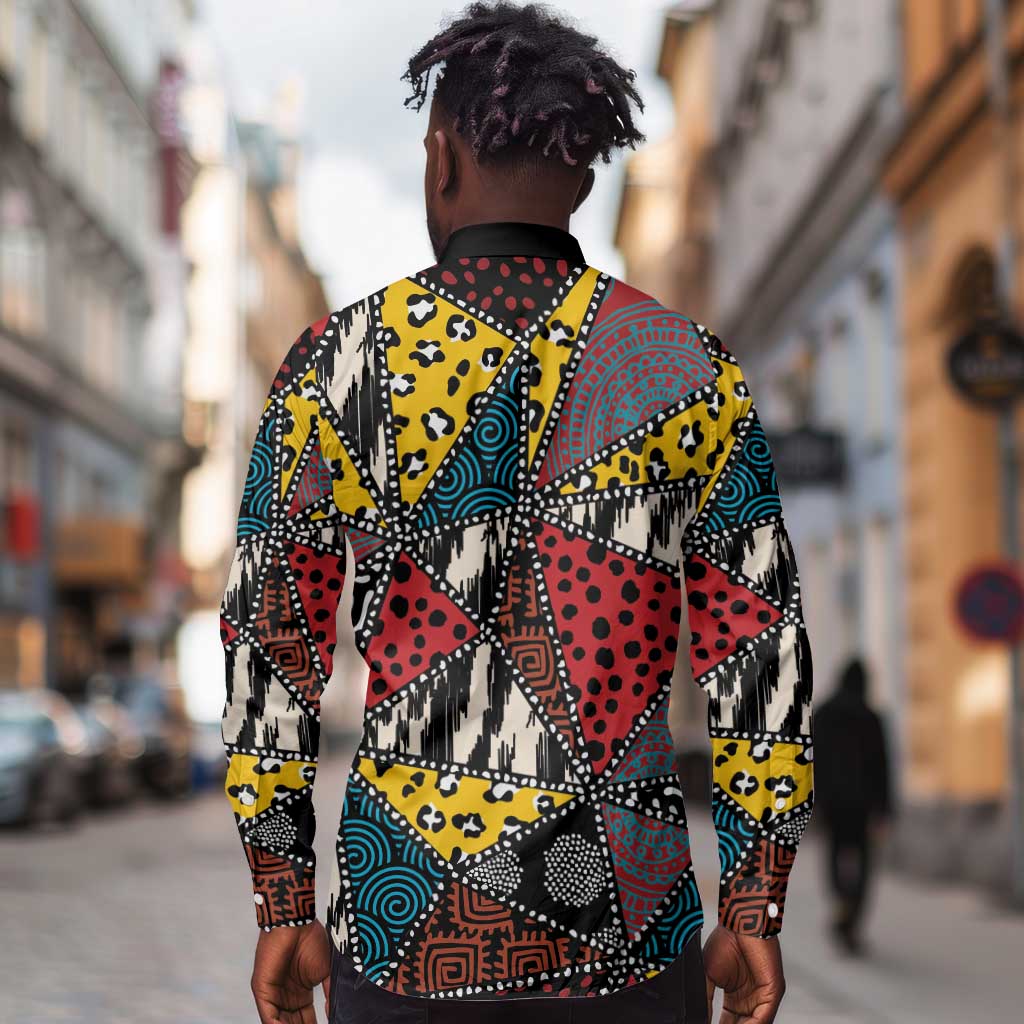 African Wild Animal Skins Long Sleeve Button Shirt Triangles Pattern Afro Pattern Style - African Pride
