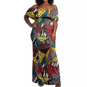 African Wild Animal Skins Off Shoulder Maxi Dress Triangles Pattern Afro Pattern Style - African Pride