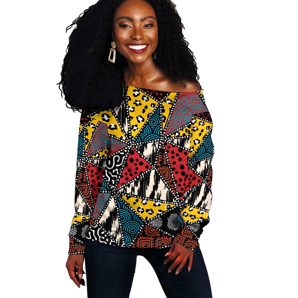 African Wild Animal Skins Off Shoulder Sweater Triangles Pattern Afro Pattern Style - African Pride