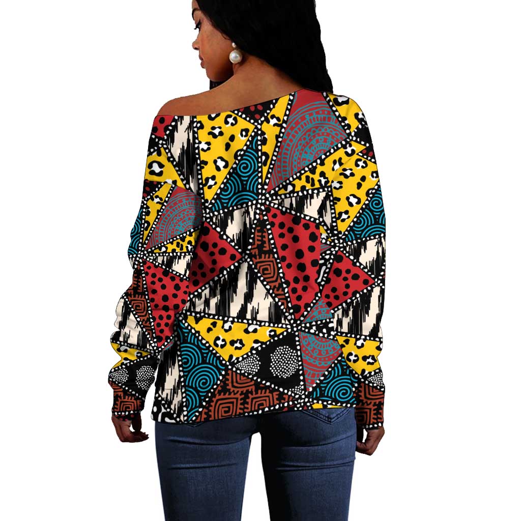 African Wild Animal Skins Off Shoulder Sweater Triangles Pattern Afro Pattern Style - African Pride