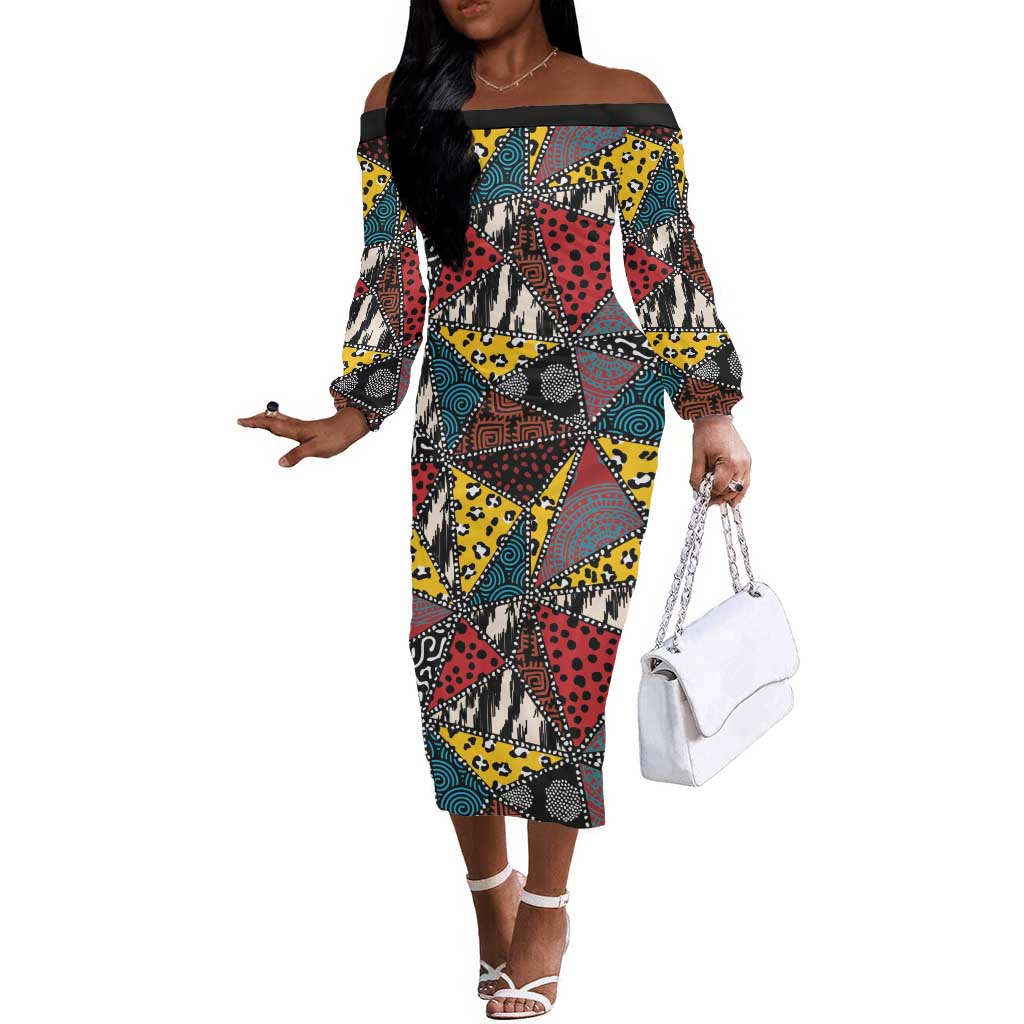 African Wild Animal Skins Off The Shoulder Long Sleeve Dress Triangles Pattern Afro Pattern Style - African Pride