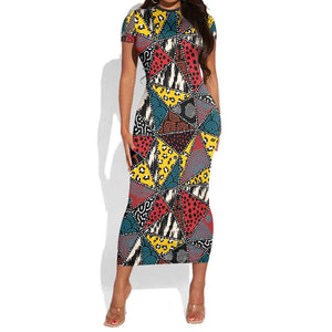 African Wild Animal Skins Short Sleeve Bodycon Dress Triangles Pattern Afro Pattern Style - African Pride