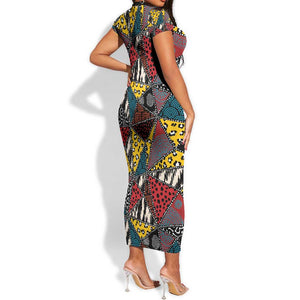 African Wild Animal Skins Short Sleeve Bodycon Dress Triangles Pattern Afro Pattern Style - African Pride