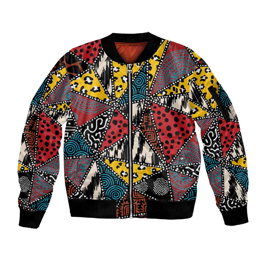 African Wild Animal Skins Sleeve Zip Bomber Jacket Triangles Pattern Afro Pattern Style - African Pride