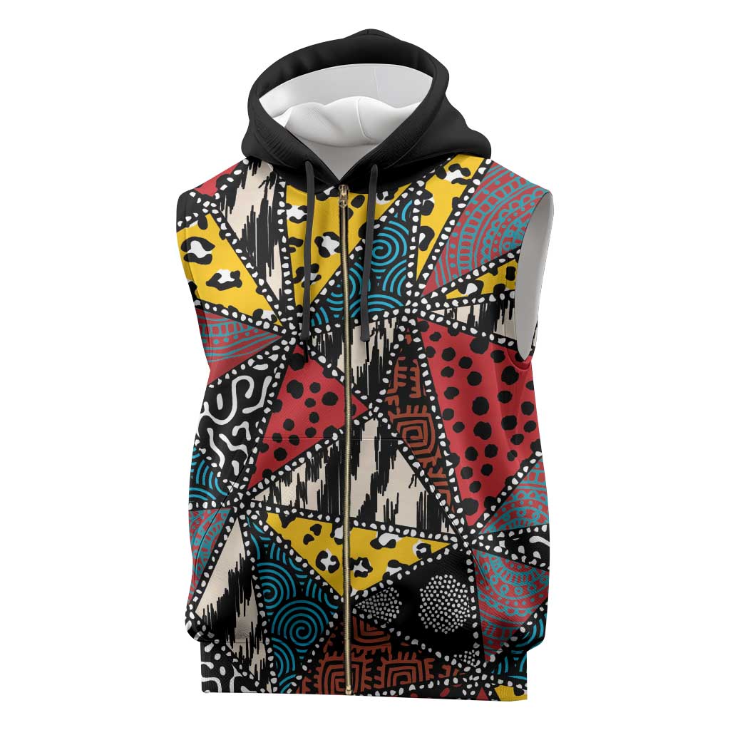 African Wild Animal Skins Sleeveless Zip Hoodie Triangles Pattern Afro Pattern Style - African Pride