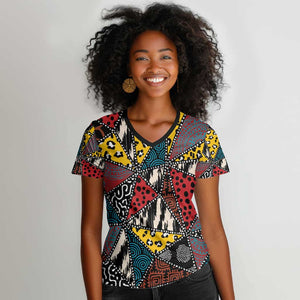 African Wild Animal Skins Women V-Neck T-Shirt Triangles Pattern Afro Pattern Style - African Pride
