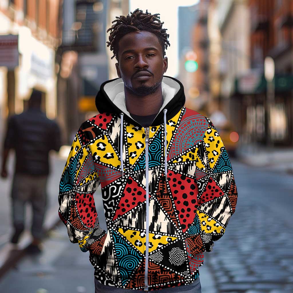 African Wild Animal Skins Zip Hoodie Triangles Pattern Afro Pattern Style - African Pride