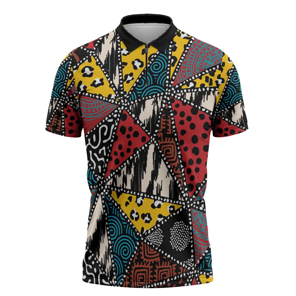 African Wild Animal Skins Zipper Polo Shirt Triangles Pattern Afro Pattern Style