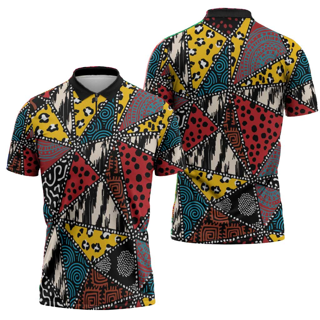 African Wild Animal Skins Zipper Polo Shirt Triangles Pattern Afro Pattern Style