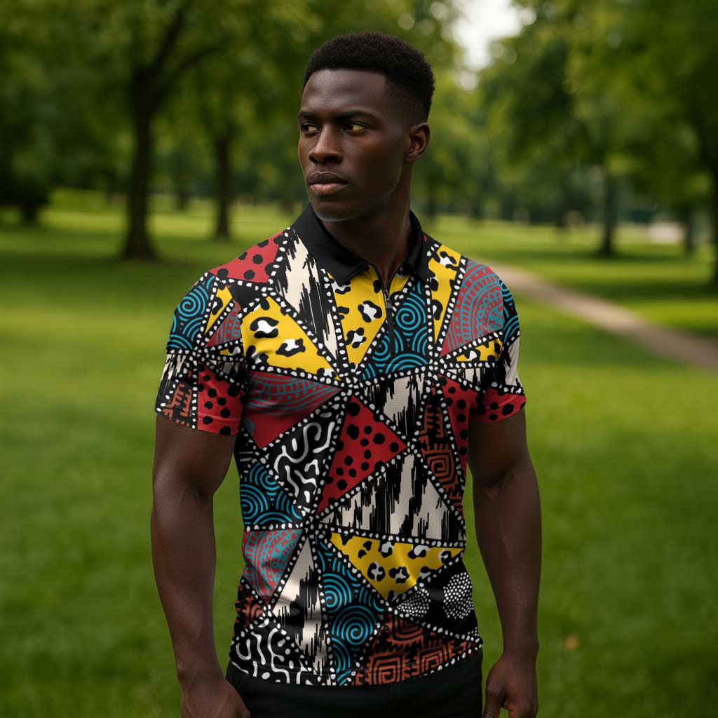 African Wild Animal Skins Zipper Polo Shirt Triangles Pattern Afro Pattern Style