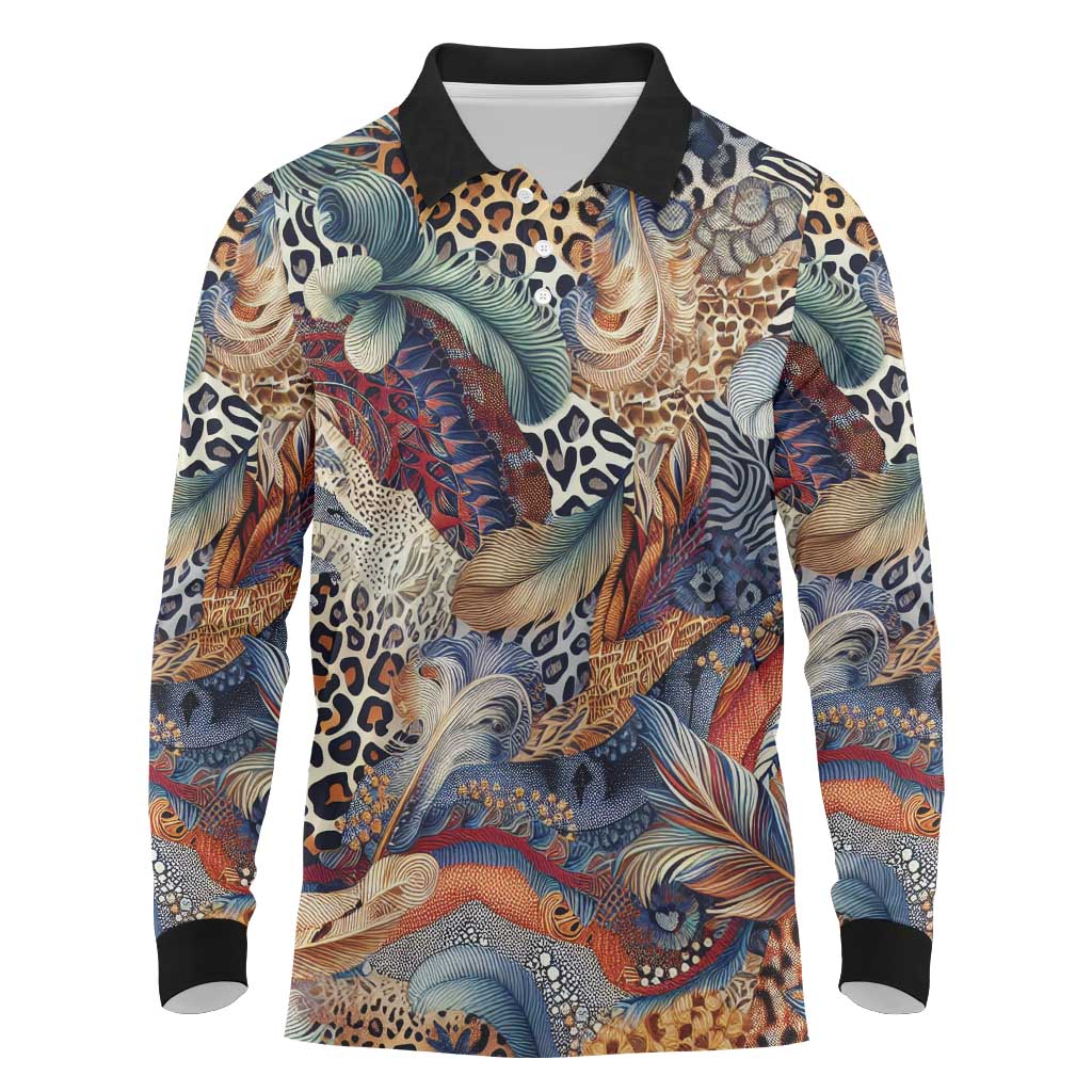 African Wild Animal Skins Long Sleeve Polo Shirt Unique Leopard Zebra And Snake Patterns - African Pride