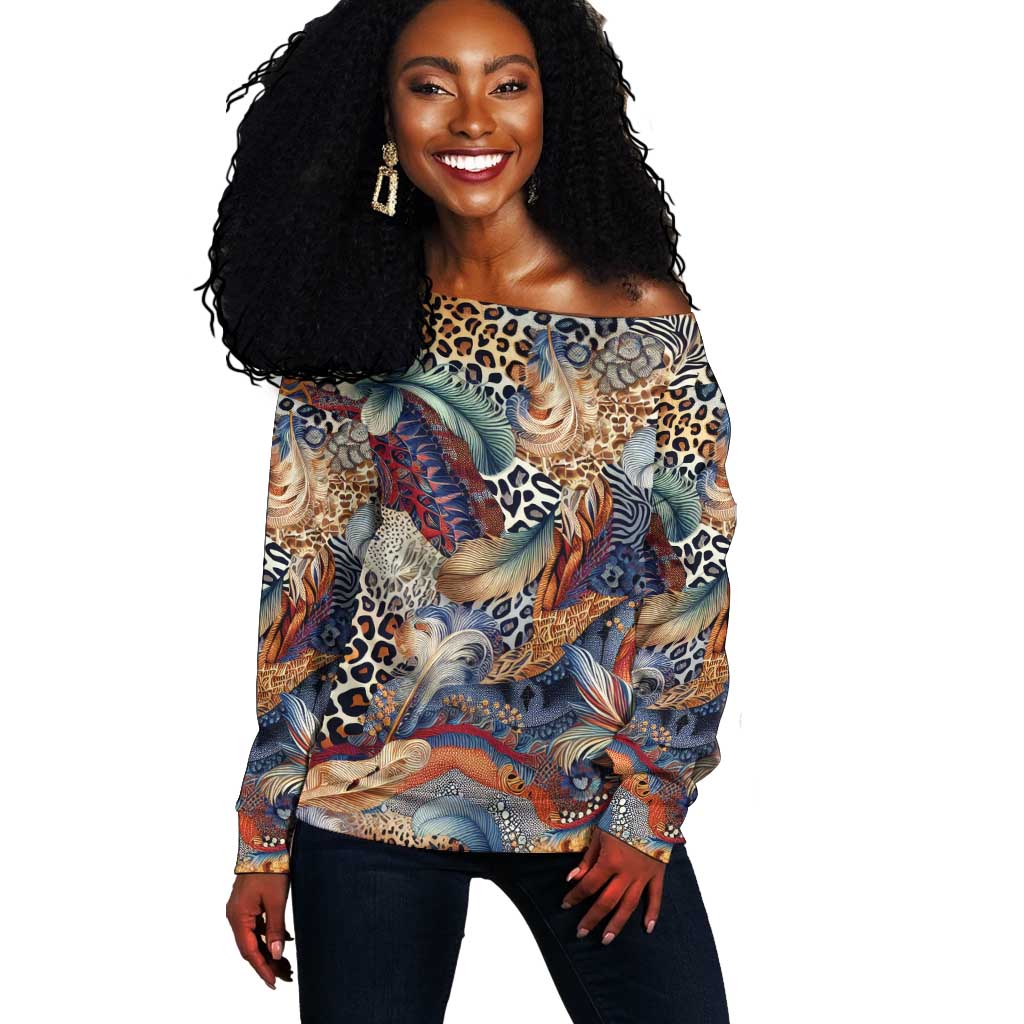 African Wild Animal Skins Off Shoulder Sweater Unique Leopard Zebra And Snake Patterns - African Pride
