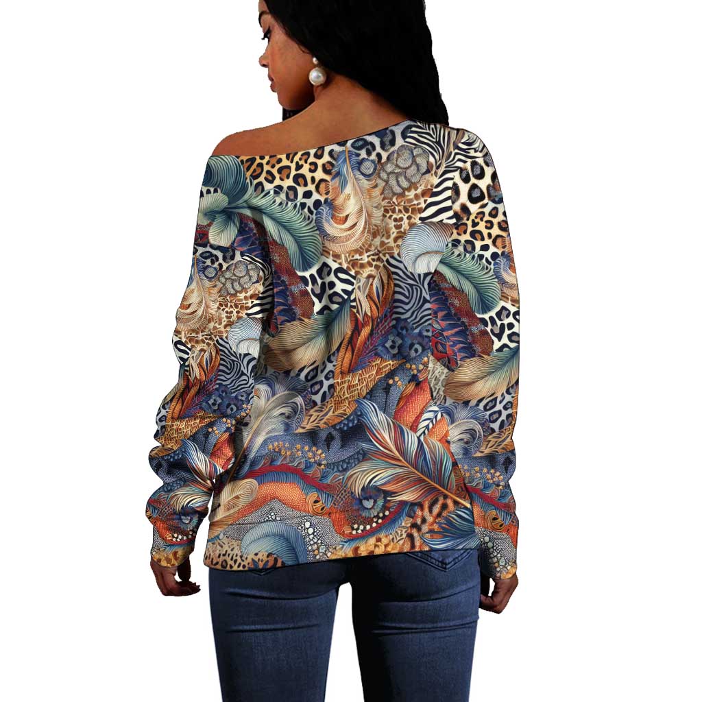 African Wild Animal Skins Off Shoulder Sweater Unique Leopard Zebra And Snake Patterns - African Pride