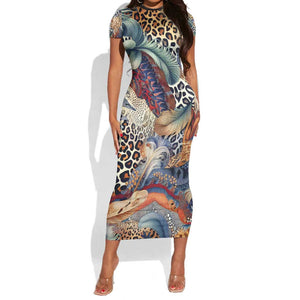 African Wild Animal Skins Short Sleeve Bodycon Dress Unique Leopard Zebra And Snake Patterns - African Pride