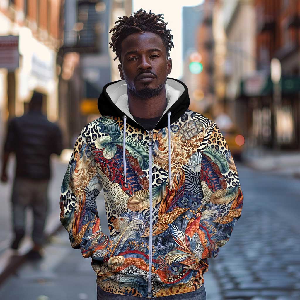 African Wild Animal Skins Zip Hoodie Unique Leopard Zebra And Snake Patterns - African Pride