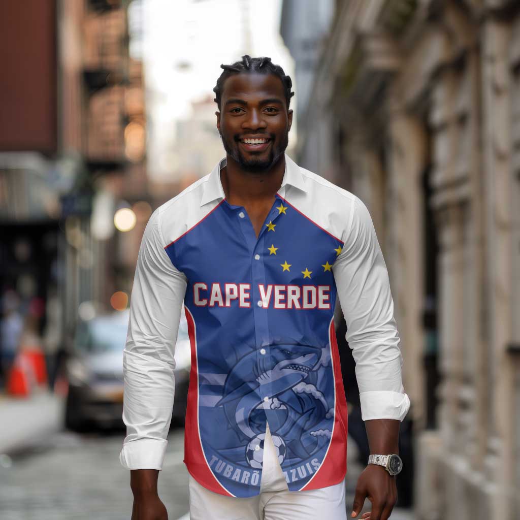 World Football 2026 Cape Verde Custom Long Sleeve Button Shirt Tubaroes Azuis Blue Shark - African Pride