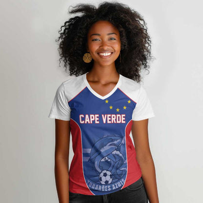 World Football 2026 Cape Verde Custom Women V-Neck T-Shirt Tubaroes Azuis Blue Shark LT9