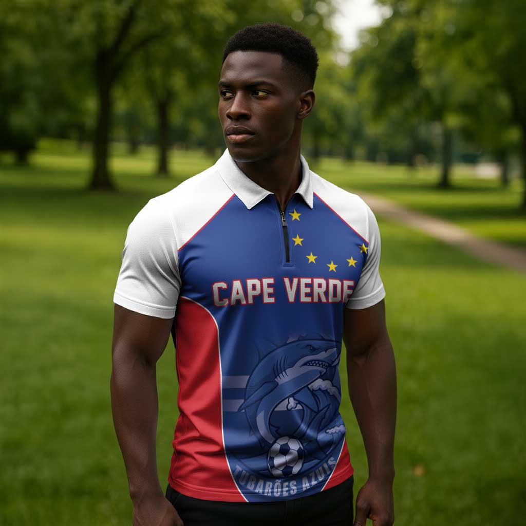 World Football 2026 Cape Verde Custom Zipper Polo Shirt Tubaroes Azuis Blue Shark - African Pride