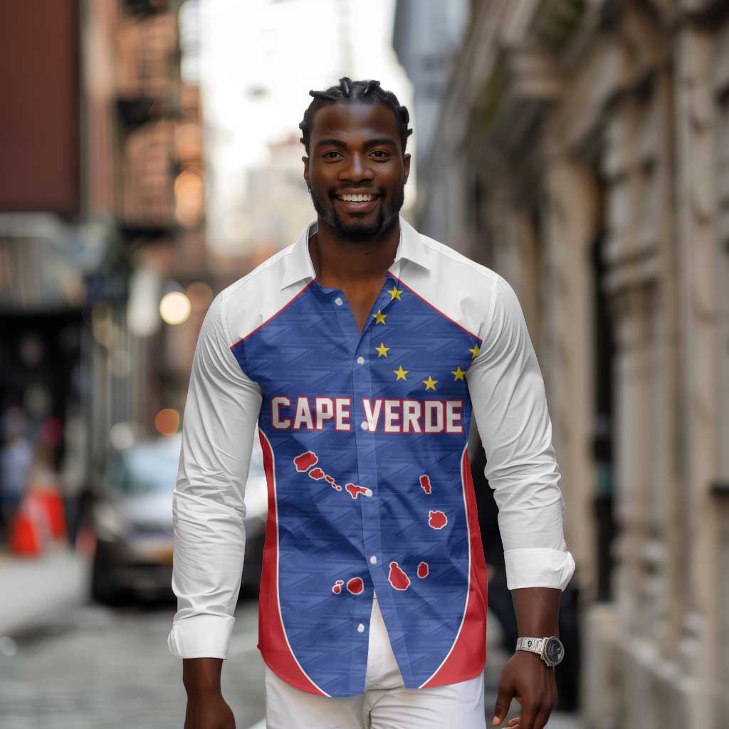 World Football 2026 Cape Verde Custom Long Sleeve Button Shirt Tubaroes Azuis Verde Simple Map - African Pride