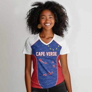 World Football 2026 Cape Verde Custom Women V-Neck T-Shirt Tubaroes Azuis Verde Simple Map - African Pride