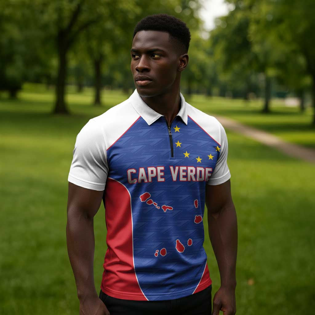 World Football 2026 Cape Verde Custom Zipper Polo Shirt Tubaroes Azuis Verde Simple Map - African Pride