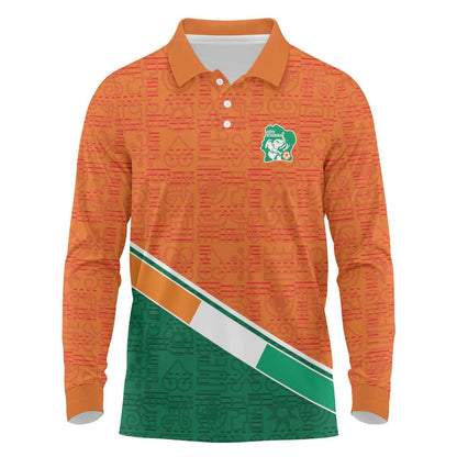 World Football 2026 Ivory Coast Custom Long Sleeve Polo Shirt African Adinkra Pattern - African Pride