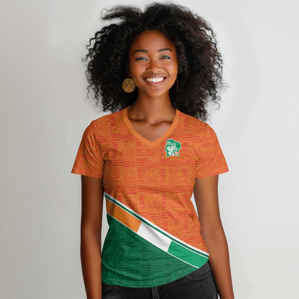 World Football 2026 Ivory Coast Custom Women V-Neck T-Shirt African Adinkra Pattern - African Pride