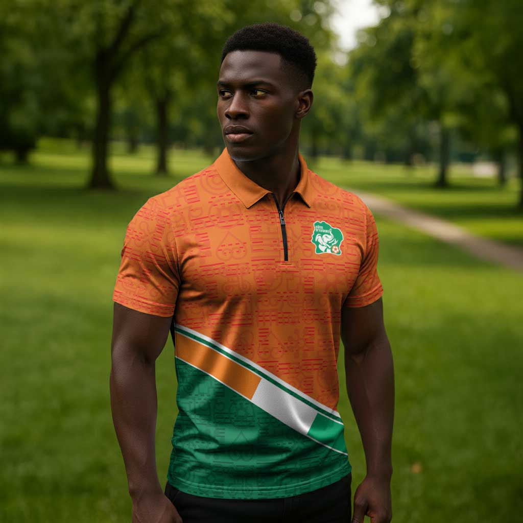 World Football 2026 Ivory Coast Custom Zipper Polo Shirt African Adinkra Pattern - African Pride