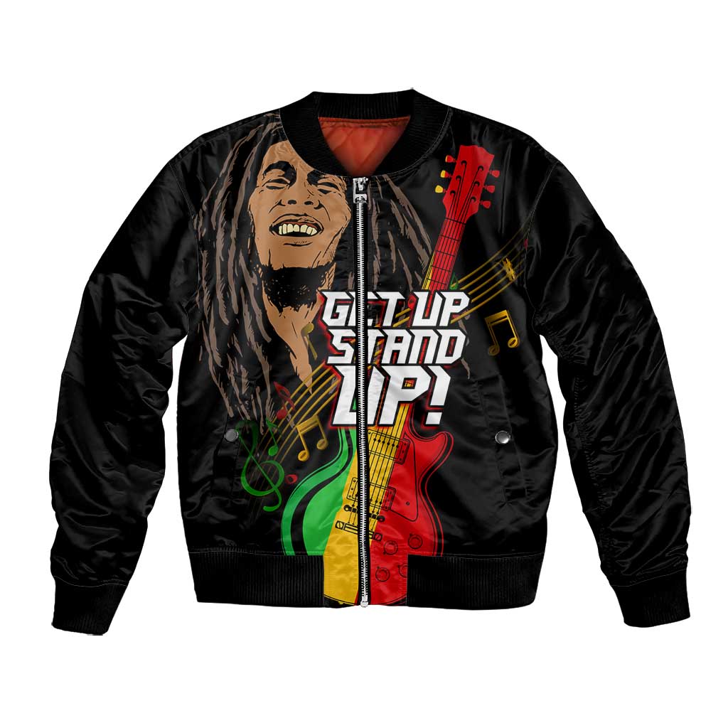 Legend Bob Get Up Stand Up Bomber Jacket Black Jamaican Reggae Multicolored