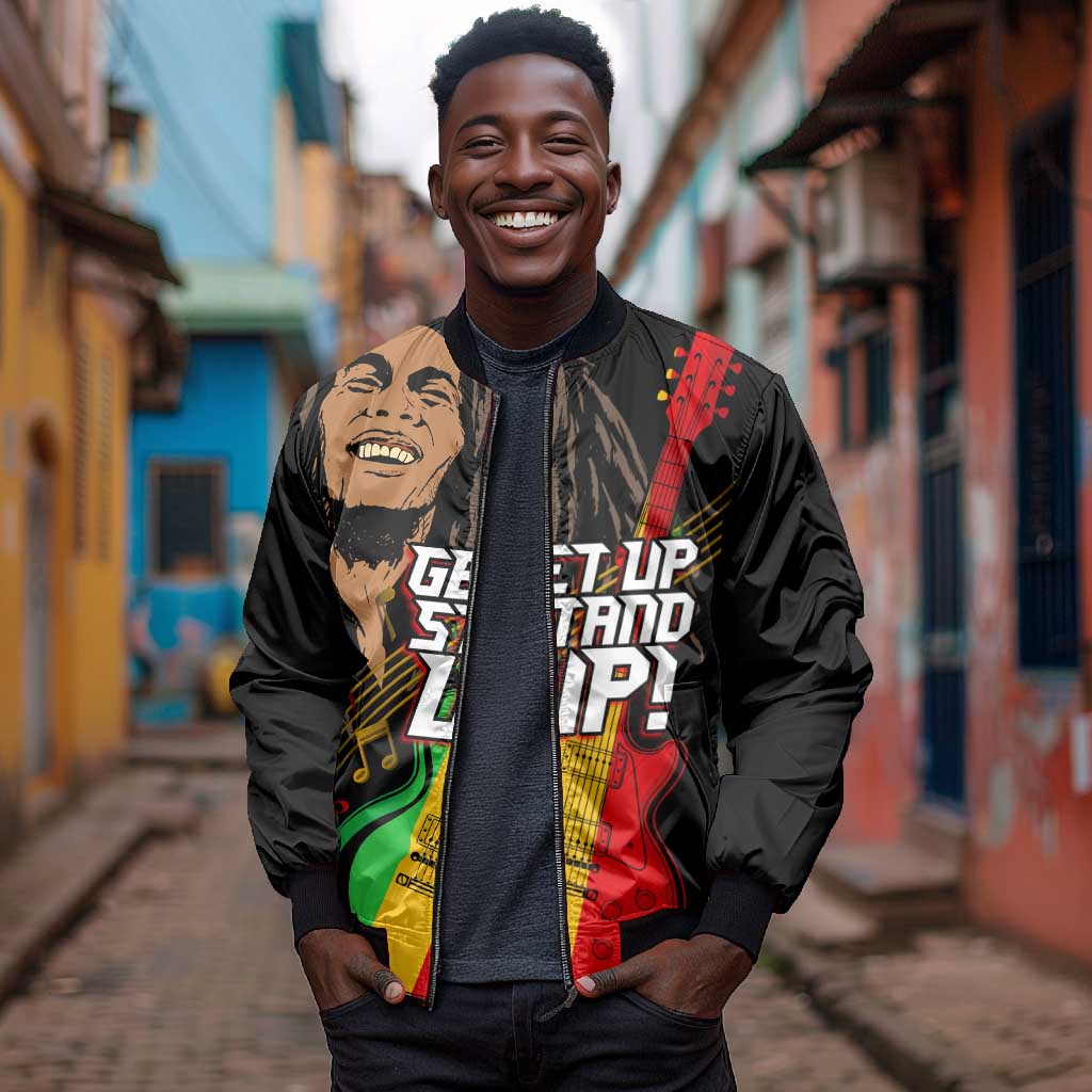Legend Bob Get Up Stand Up Bomber Jacket Black Jamaican Reggae Multicolored