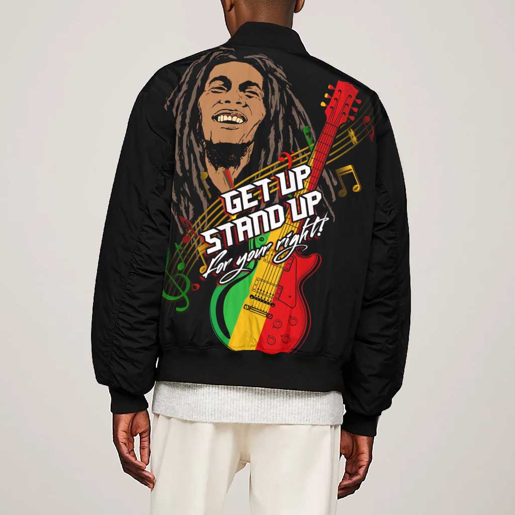 Legend Bob Get Up Stand Up Bomber Jacket Black Jamaican Reggae Multicolored