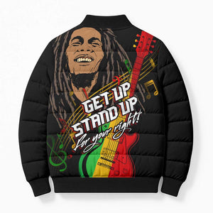 Legend Bob Get Up Stand Up Bomber Puffer Jacket Black Jamaican Reggae Multicolored