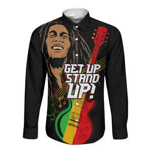Legend Bob Get Up Stand Up Long Sleeve Button Shirt Black Jamaican Reggae Multicolored