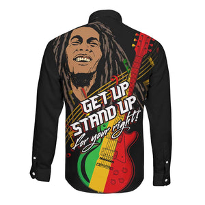 Legend Bob Get Up Stand Up Long Sleeve Button Shirt Black Jamaican Reggae Multicolored