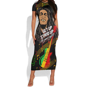 Legend Bob Get Up Stand Up Short Sleeve Bodycon Dress Black Jamaican Reggae Multicolored LT9
