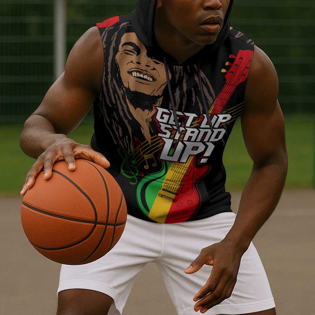 Legend Bob Get Up Stand Up Sleeveless Hoodie Black Jamaican Reggae Multicolored - African Pride