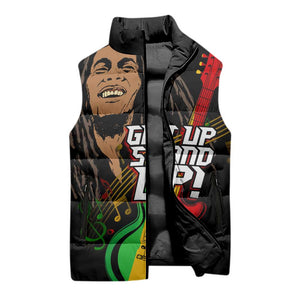 Legend Bob Get Up Stand Up Sleeveless Puffer Jacket Black Jamaican Reggae Multicolored