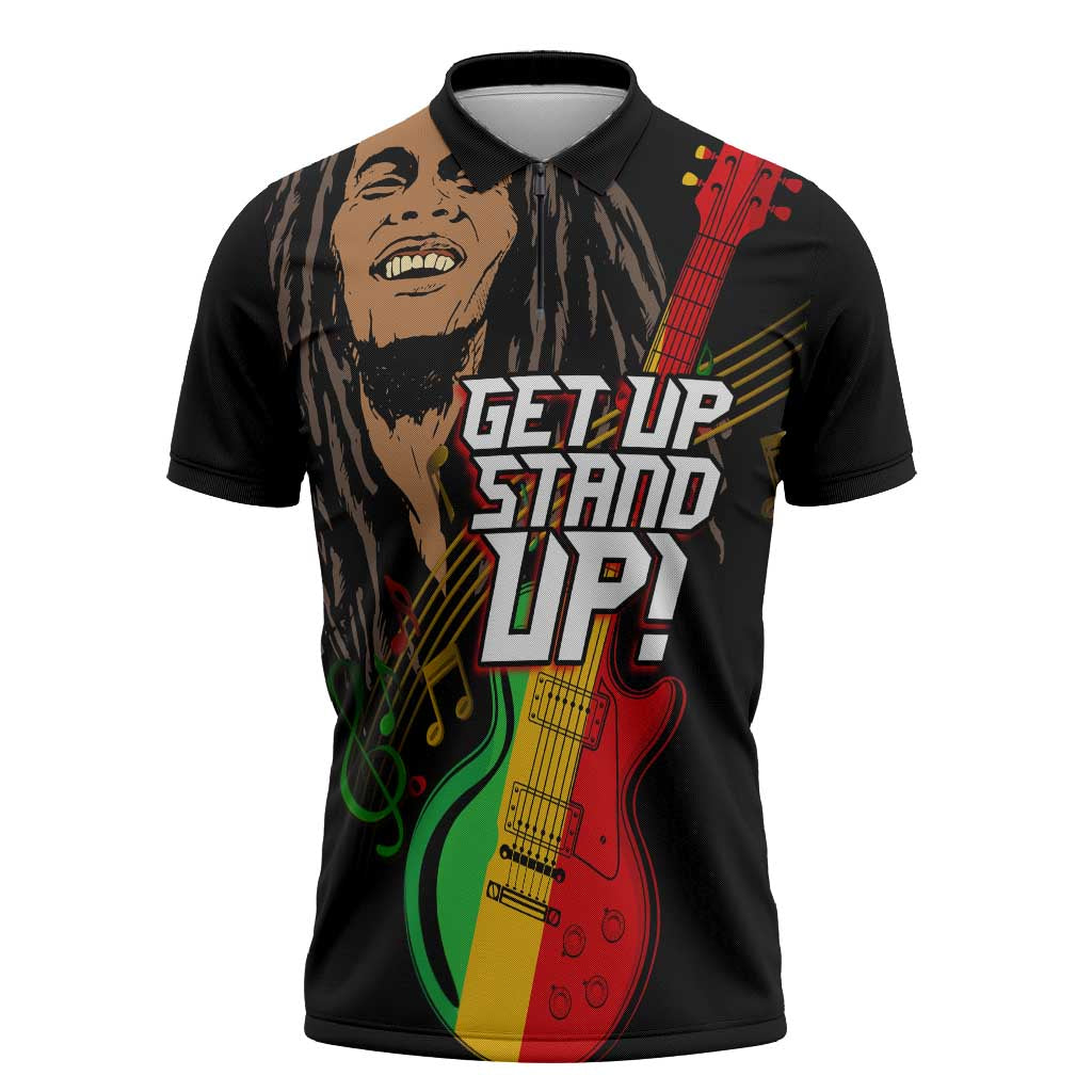 Legend Bob Get Up Stand Up Zipper Polo Shirt Black Jamaican Reggae Multicolored