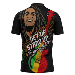 Legend Bob Get Up Stand Up Zipper Polo Shirt Black Jamaican Reggae Multicolored