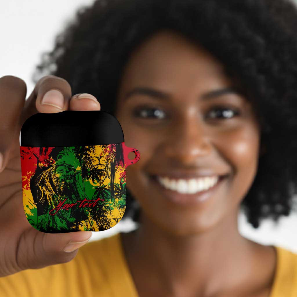 Personalized Rastafarian Lion Legend Bob AirPods Case Black Jamaican Reggae Sketch Portrait