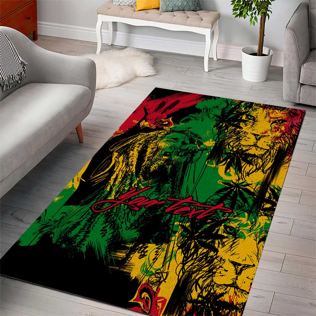 Rastafarian Lion Legend Bob Area Rug Black Jamaican Reggae Festival Sketch Portrait