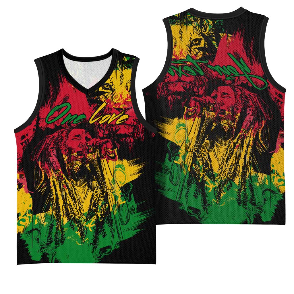 Rastafarian Lion Legend Bob Basketball Jersey Black Jamaican Reggae Festival Sketch Portrait - African Pride