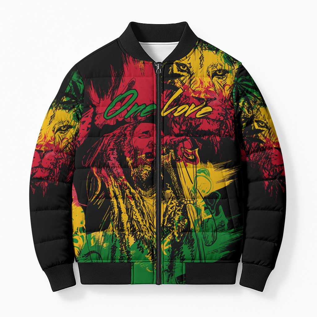 Personalized Rastafarian Lion Legend Bob Bomber Puffer Jacket Black Jamaican Reggae Sketch Portrait