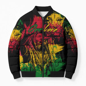 Personalized Rastafarian Lion Legend Bob Bomber Puffer Jacket Black Jamaican Reggae Sketch Portrait